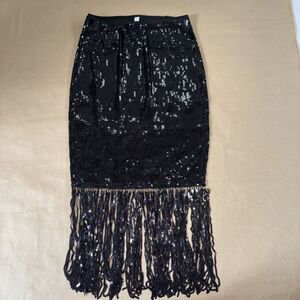 Suit Yourself Costume Black Sequin Pencil Skirt Long Black Fringe - Women's M